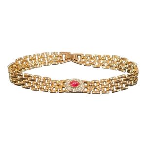 Panther Link Oval Red Center Rhinestone Medallion Goldtone Vintage Bracelet